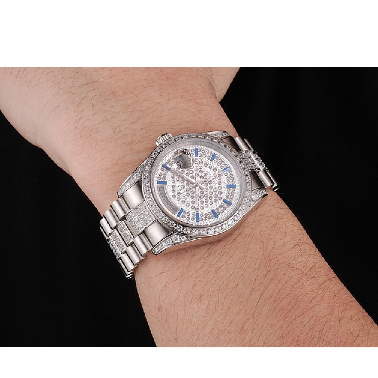 Aaa replica watch Bracelet Date Steel Bezel Rolex And Diamond Pave And Swiss Day Stainless Dial 0518